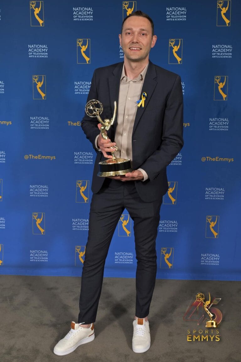 Volodymyr Mula holding an Emmy Award at Jazz at Lincoln Center, 10 Columbus Circle, New York, NY