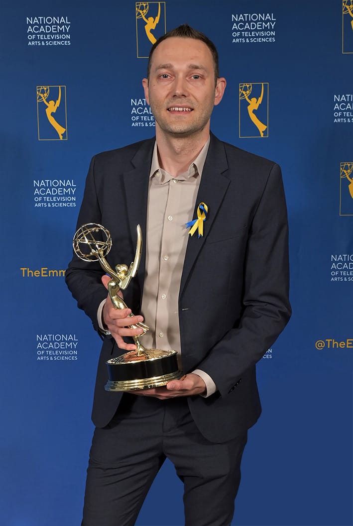 Volodymyr Mula holding the Emmy Award at Jazz at Lincoln Center, 10 Columbus Circle, New York, NY