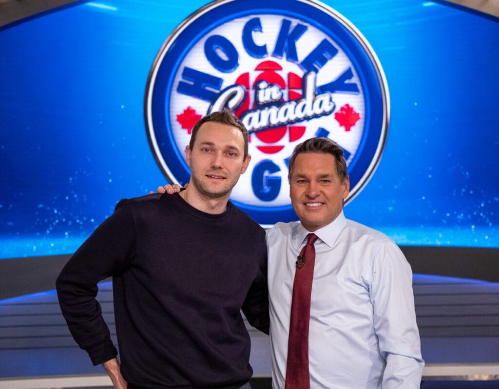 Volodymyr Mula and Kelly Hrudey during the Hockey Night in Canada TV show on CBC